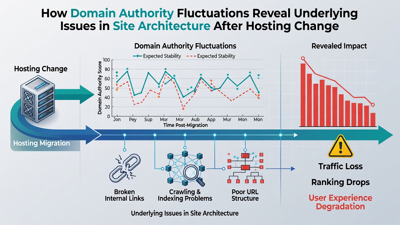 Graph illustrating domain authority recovery timeline post-hosting change alongside site architecture audit checkpoints